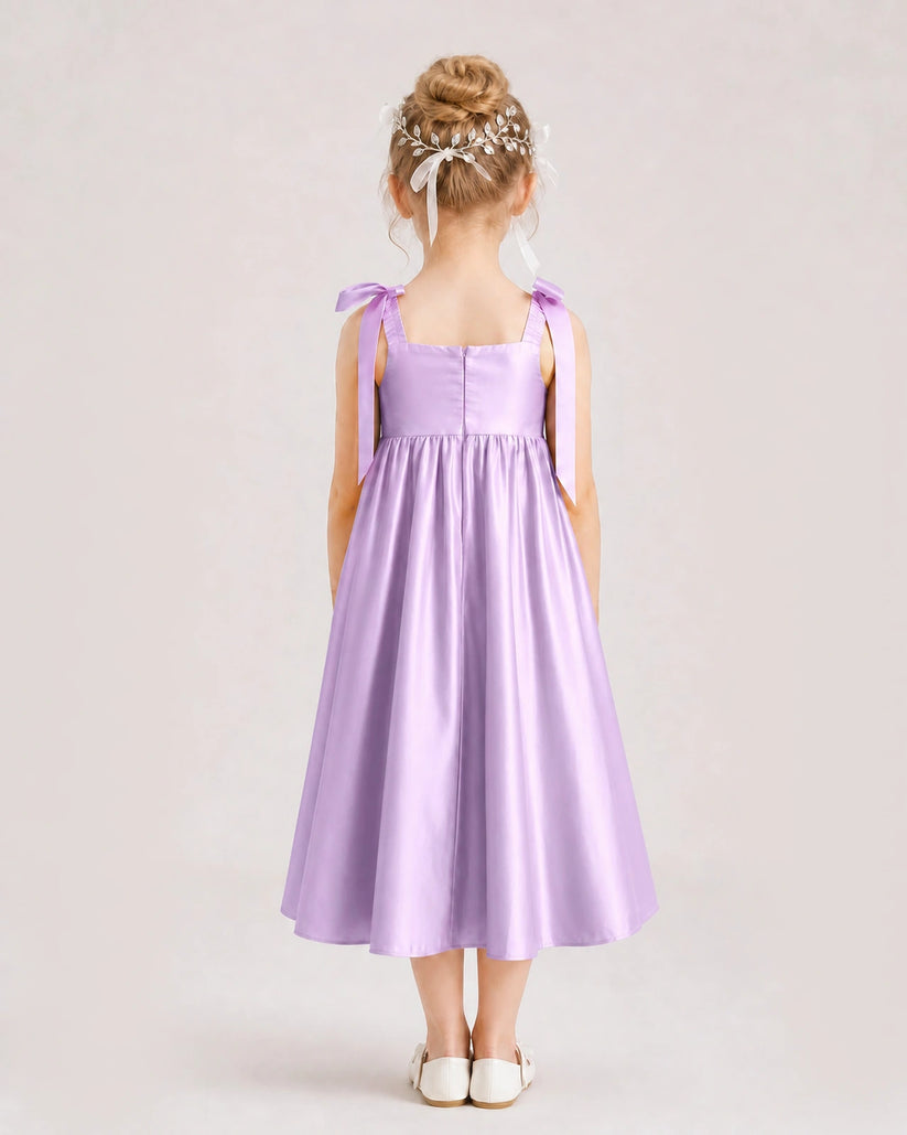 Lilac Satin A-line Girls Formal Dress Back View