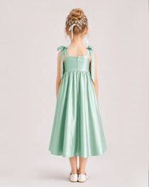 Mint Green Flower Girl Dress Satin Midi Spaghetti Strap Gown Back View