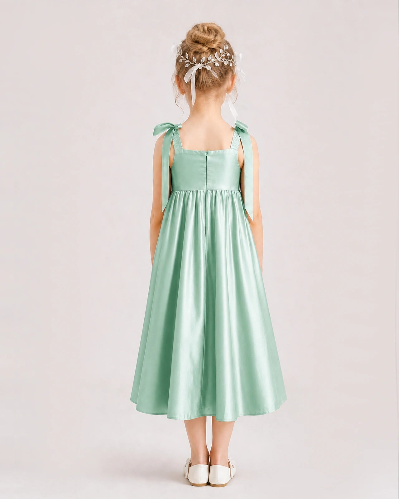 Mint Green Flower Girl Dress Satin Midi Spaghetti Strap Gown Back View