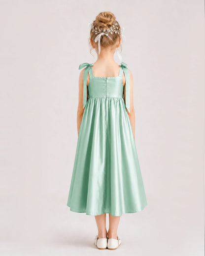 Mint Green Flower Girl Dress Satin Midi Spaghetti Strap Gown Back View