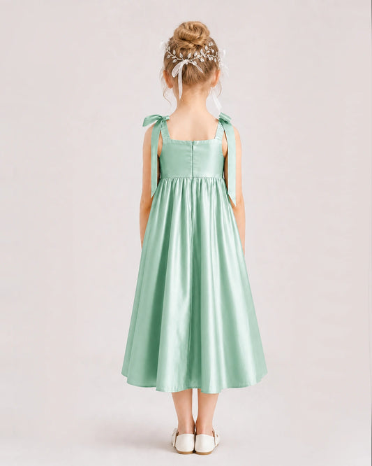 Mint Green Satin A-line Girls Formal Dress Back View