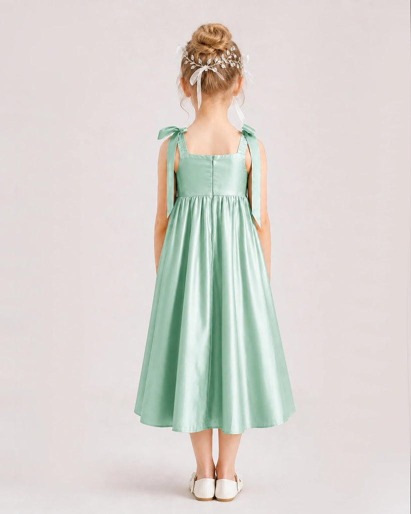 Mint Green Satin A-line Girls Formal Dress Back View