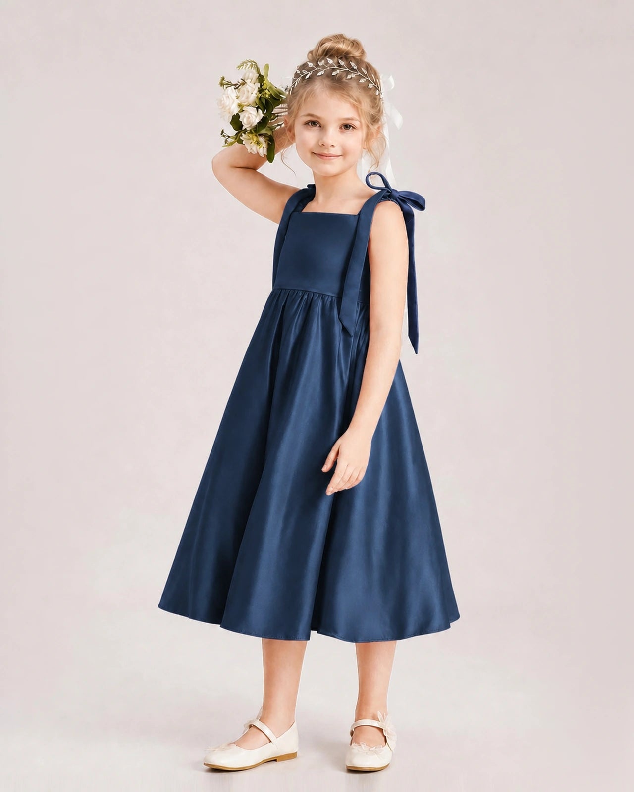 Navy Blue Flower Girl Dress Satin Midi Spaghetti Strap Gown Side View