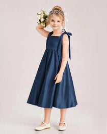 Navy Blue Flower Girl Dress Satin Midi Spaghetti Strap Gown Side View