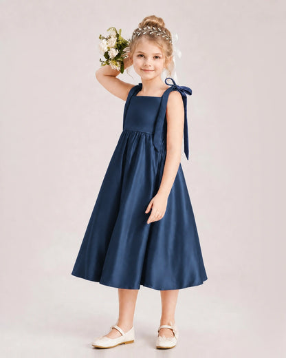 Navy Blue Flower Girl Dress Satin Midi Spaghetti Strap Gown Side View