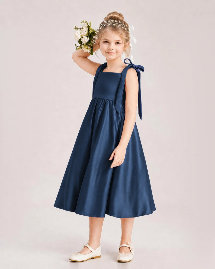 Navy Blue Satin A-line Girls Formal Dress Front View