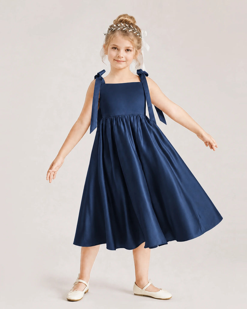 Navy Blue Satin A-line Girls Formal Dress Front View