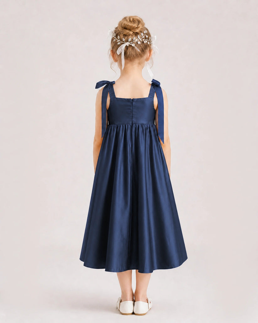 Navy Blue Satin A-line Girls Formal Dress Back View