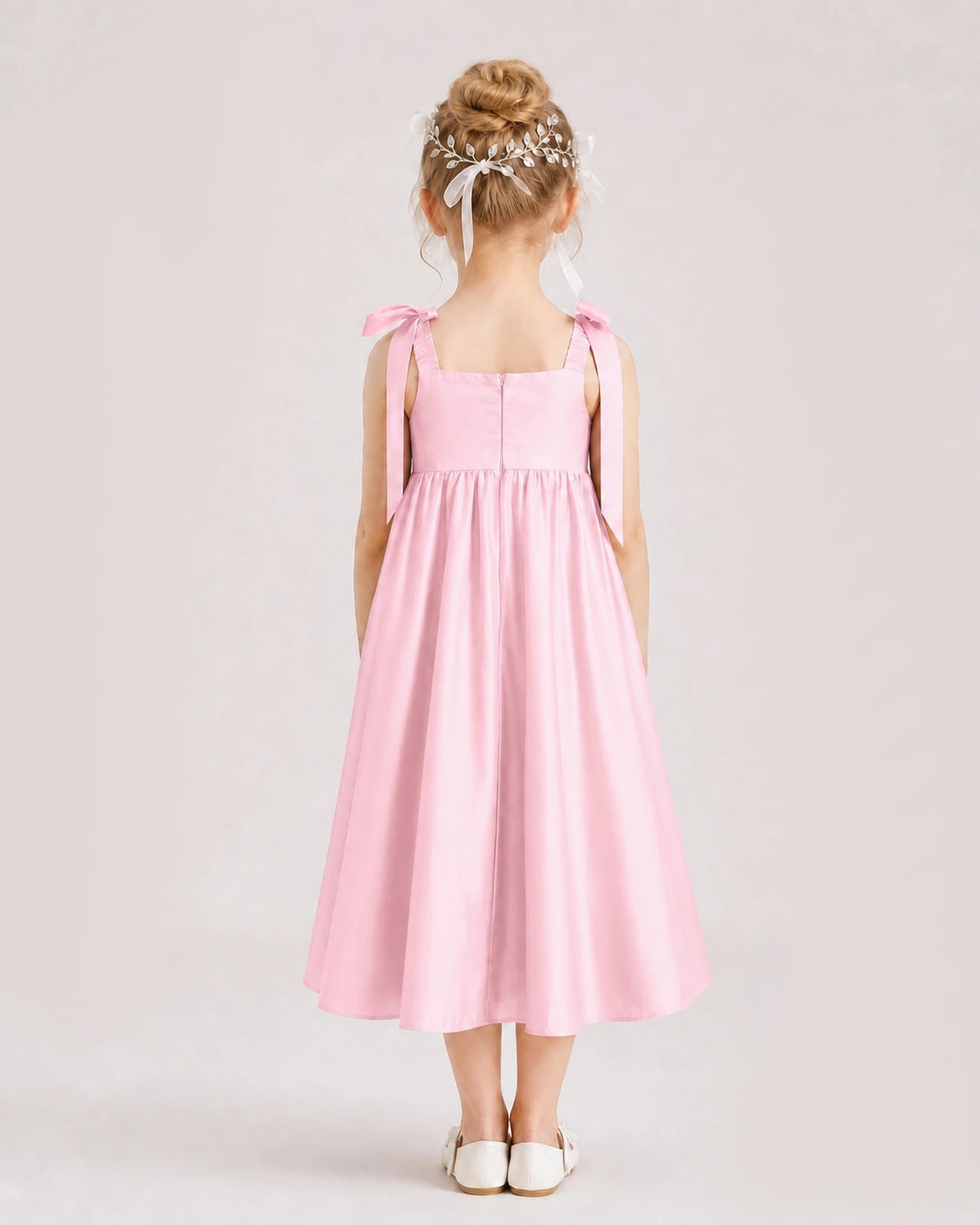 Pink Flower Girl Dress Satin Midi Spaghetti Strap Gown Back View