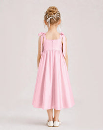 Pink Flower Girl Dress Satin Midi Spaghetti Strap Gown Back View