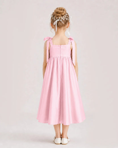 Pink Flower Girl Dress Satin Midi Spaghetti Strap Gown Back View