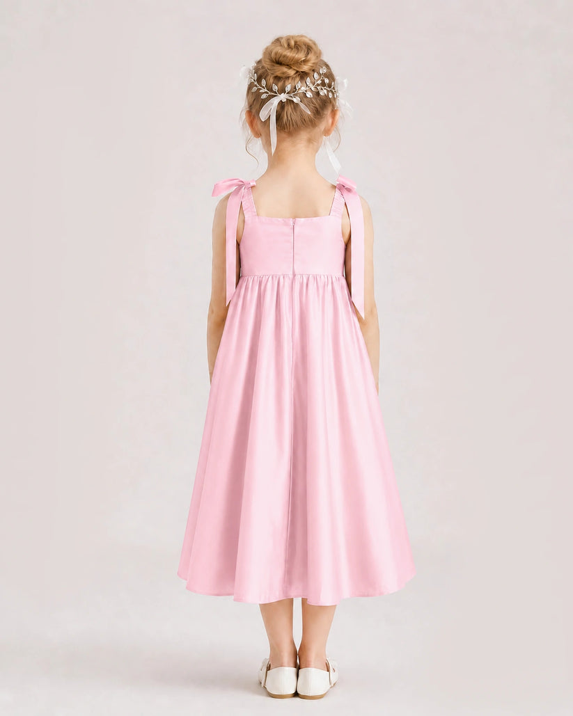 Pink Satin A-line Girls Formal Dress Back View