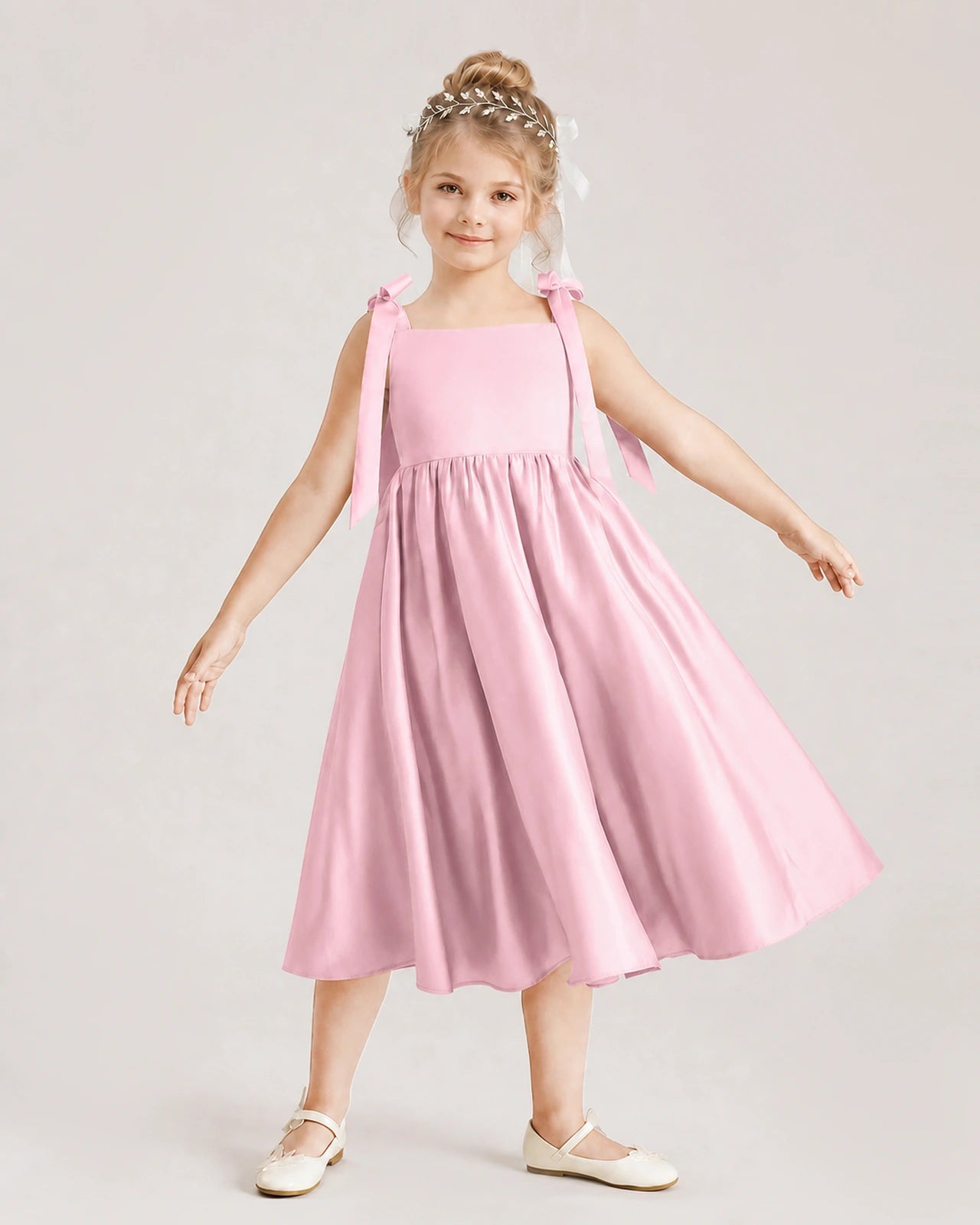 Pink Flower Girl Dress Satin Midi Spaghetti Strap Gown Front View