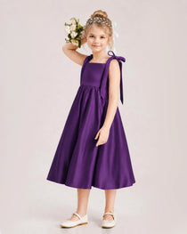 Purple Flower Girl Dress Satin Midi Spaghetti Strap Gown Side View 