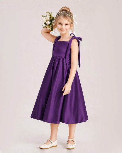 Purple Flower Girl Dress Satin Midi Spaghetti Strap Gown Side View 