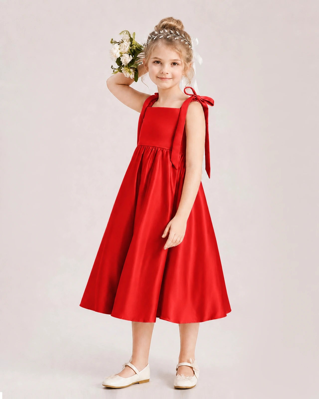Red Flower Girl Dress Satin Midi Spaghetti Strap Gown Side View