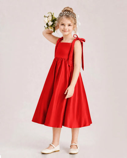 Red Flower Girl Dress Satin Midi Spaghetti Strap Gown Side View