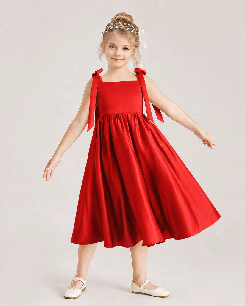 Red Satin A-line Girls Formal Dress Front View