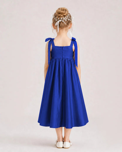 Royal Blue Flower Girl Dress Satin Midi Spaghetti Strap Gown Back View