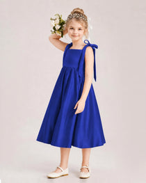 Royal Blue Flower Girl Dress Satin Midi Spaghetti Strap Gown Back View