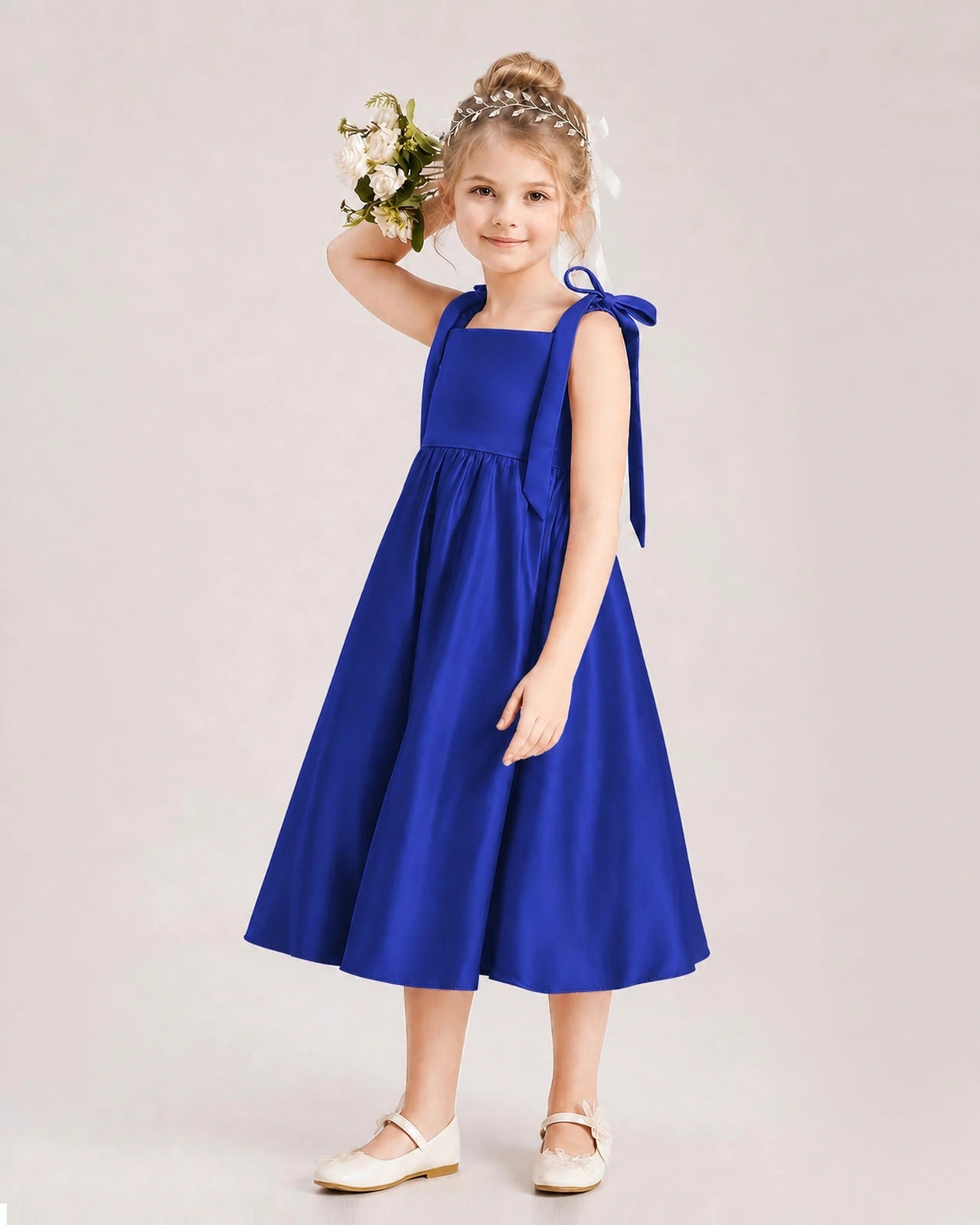 Royal Blue Flower Girl Dress Satin Midi Spaghetti Strap Gown Back View