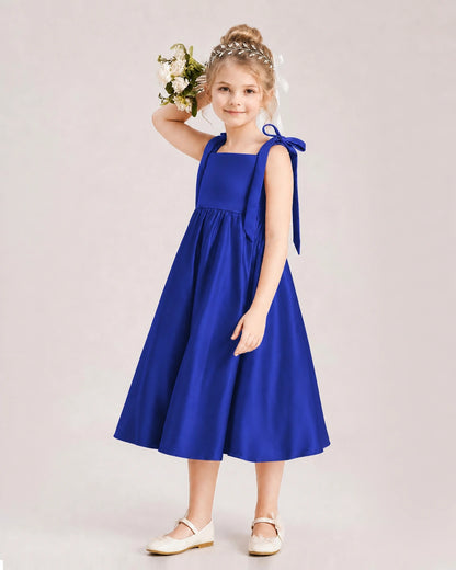 Royal Blue Flower Girl Dress Satin Midi Spaghetti Strap Gown Back View