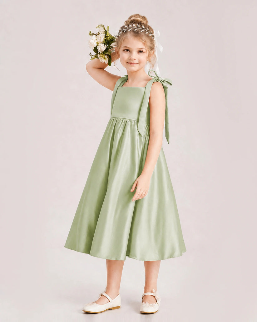 Sage Green Satin A-line Girls Formal Dress Front View