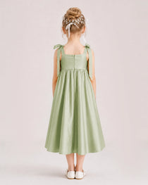 Sage Green Flower Girl Dress Satin Midi Spaghetti Strap Gown Back View