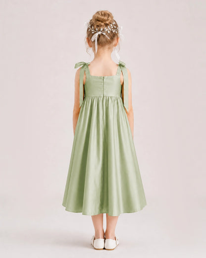 Sage Green Flower Girl Dress Satin Midi Spaghetti Strap Gown Back View