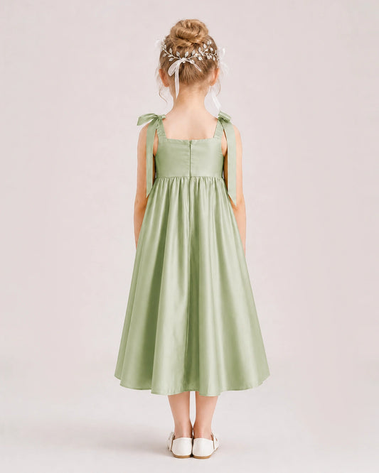 Sage Green Satin A-line Girls Formal Dress Back View