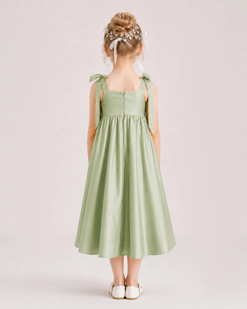 Sage Green Satin A-line Girls Formal Dress Back View