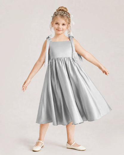 Silver Flower Girl Dress Satin Midi Spaghetti Strap Gown Front View