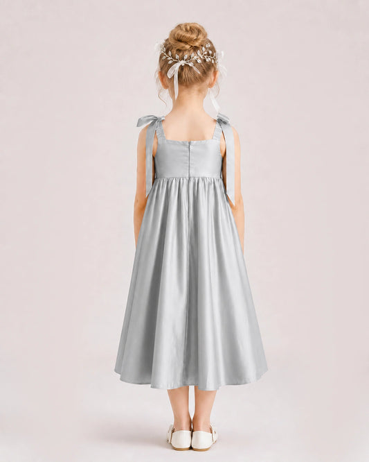 Silver Satin A-line Girls Formal Dress Back View