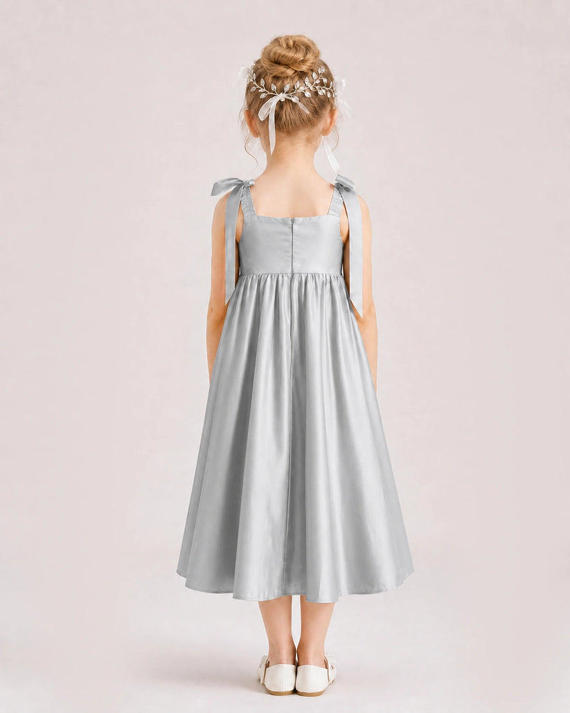 Silver Satin A-line Girls Formal Dress Back View