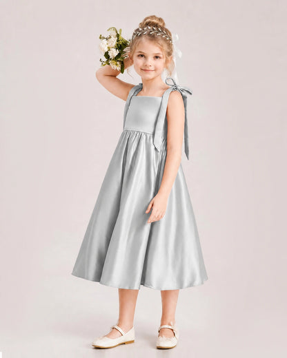 Silver Flower Girl Dress Satin Midi Spaghetti Strap Gown Side View