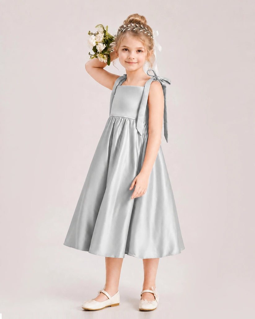Silver Satin A-line Girls Formal Dress Front View