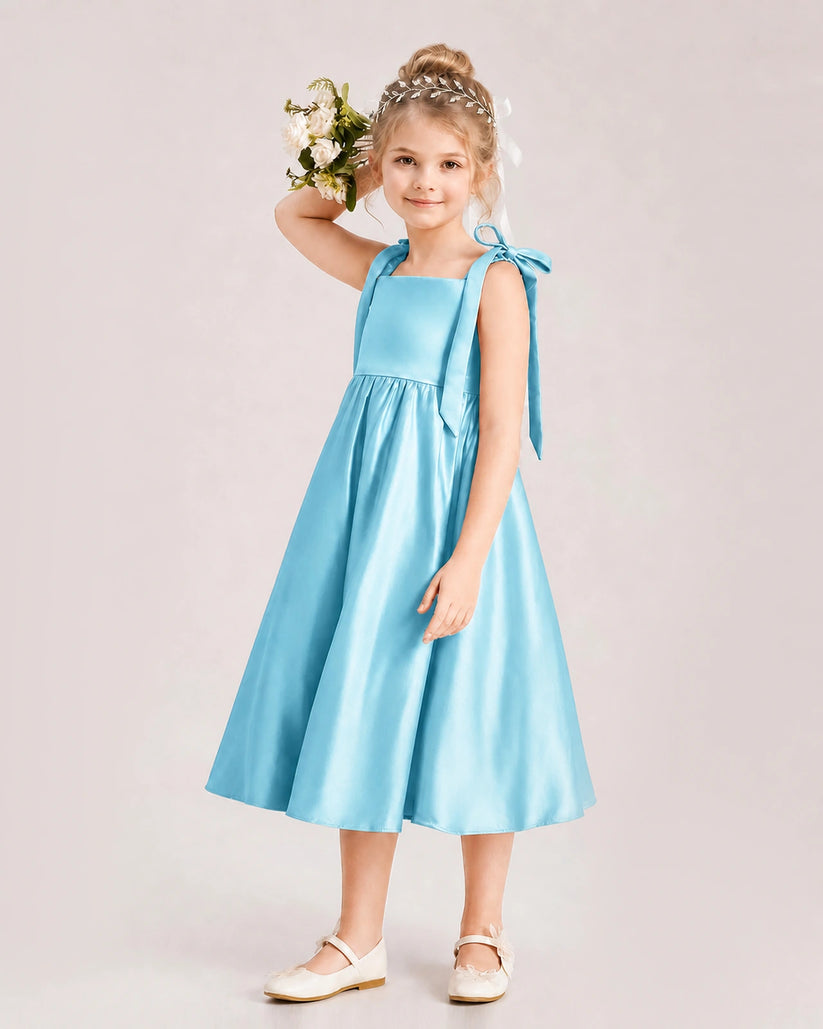 Sky Blue Satin A-line Girls Formal Dress Front View