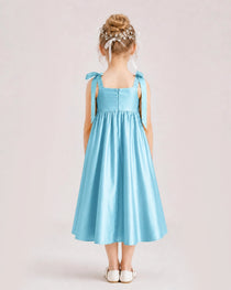 Sky Blue Flower Girl Dress Satin Midi Spaghetti Strap Gown Back View