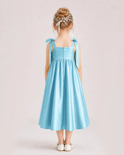 Sky Blue Flower Girl Dress Satin Midi Spaghetti Strap Gown Back View