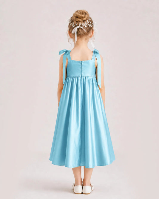 Sky Blue Satin A-line Girls Formal Dress Back View