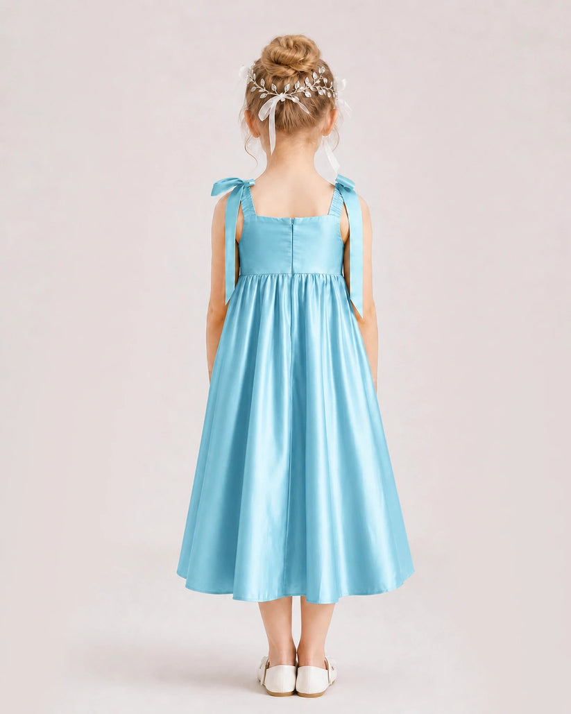 Sky Blue Satin A-line Girls Formal Dress Back View