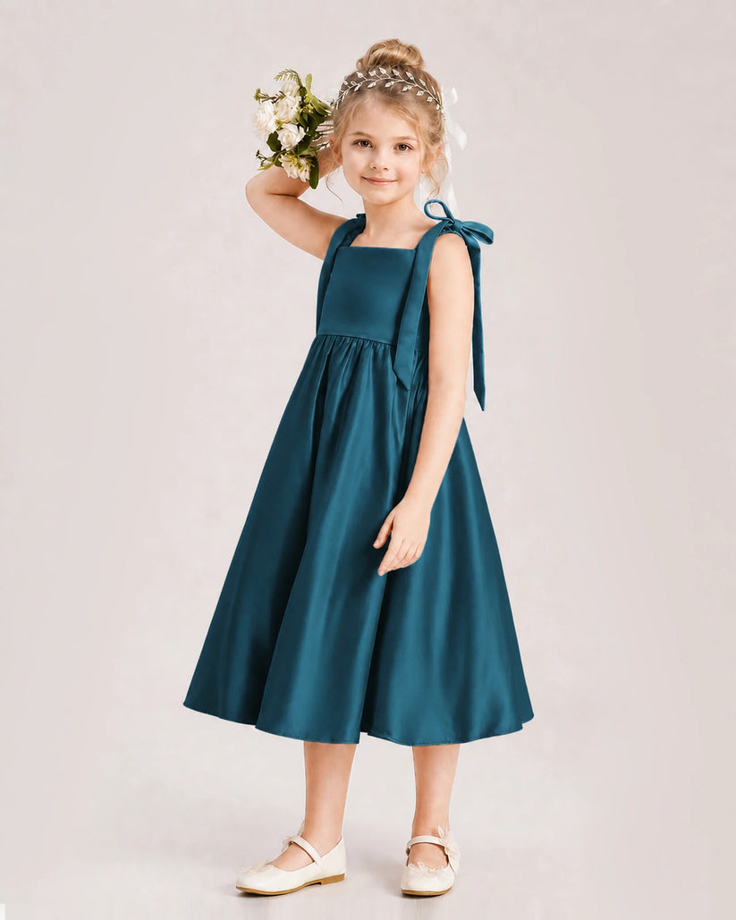 Teal Satin A-line Girls Formal Dress Front View
