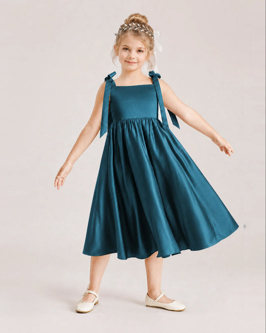 Teal Satin A-line Girls Formal Dress Front View