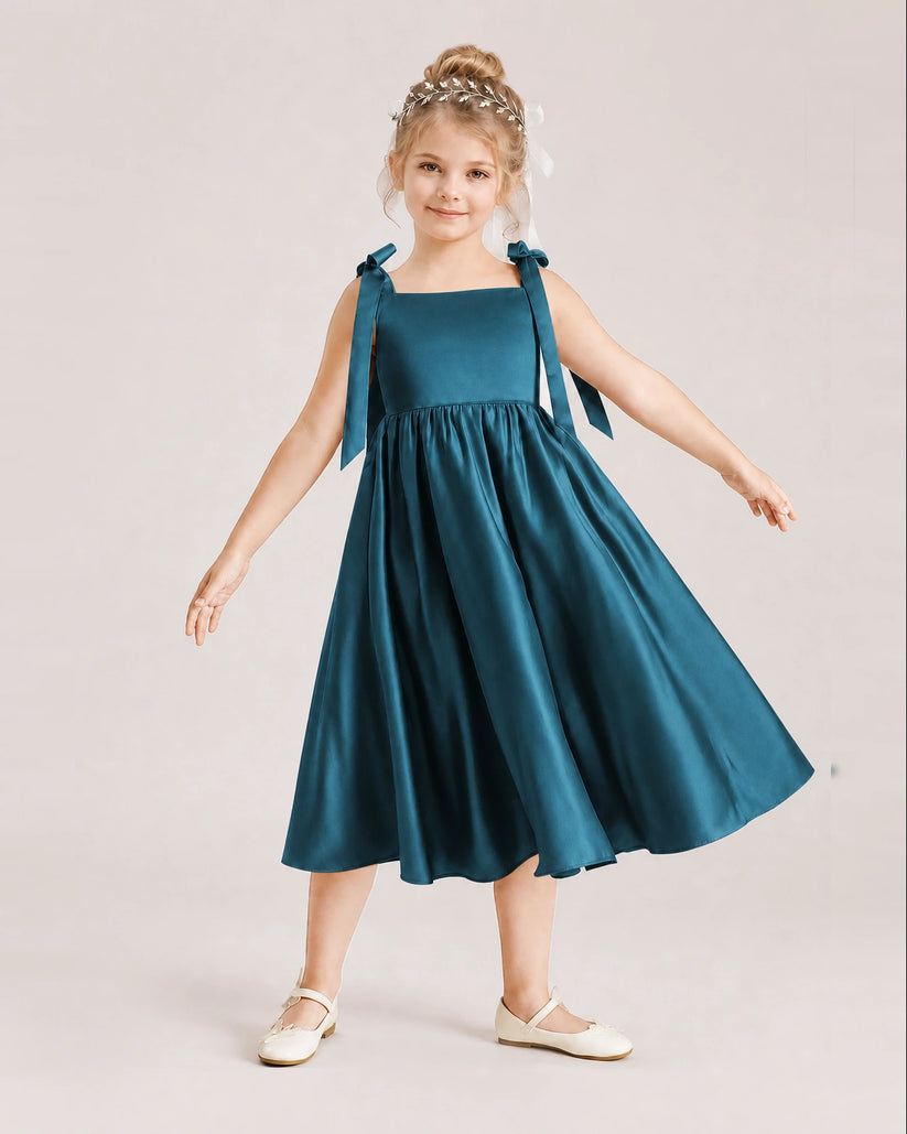Teal Satin A-line Girls Formal Dress Front View