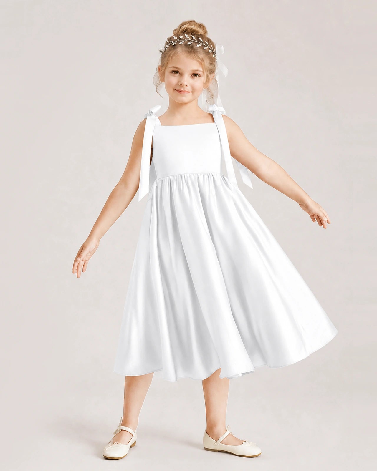 White Flower Girl Dress Satin Midi Spaghetti Strap Gown Front View