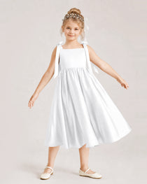 White Flower Girl Dress Satin Midi Spaghetti Strap Gown Front View
