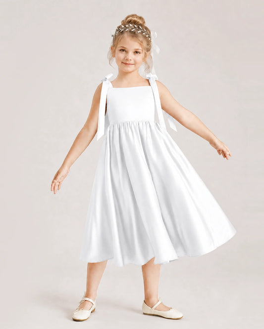 White Satin A-line Girls Formal Dress Front View
