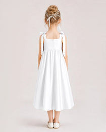 White Flower Girl Dress Satin Midi Spaghetti Strap Gown Back View