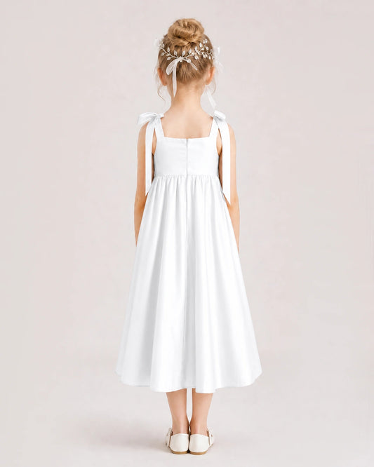 White Satin A-line Girls Formal Dress Back View
