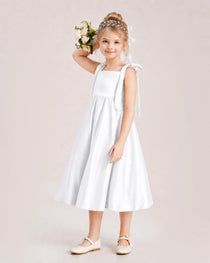 White Flower Girl Dress Satin Midi Spaghetti Strap Gown Side View